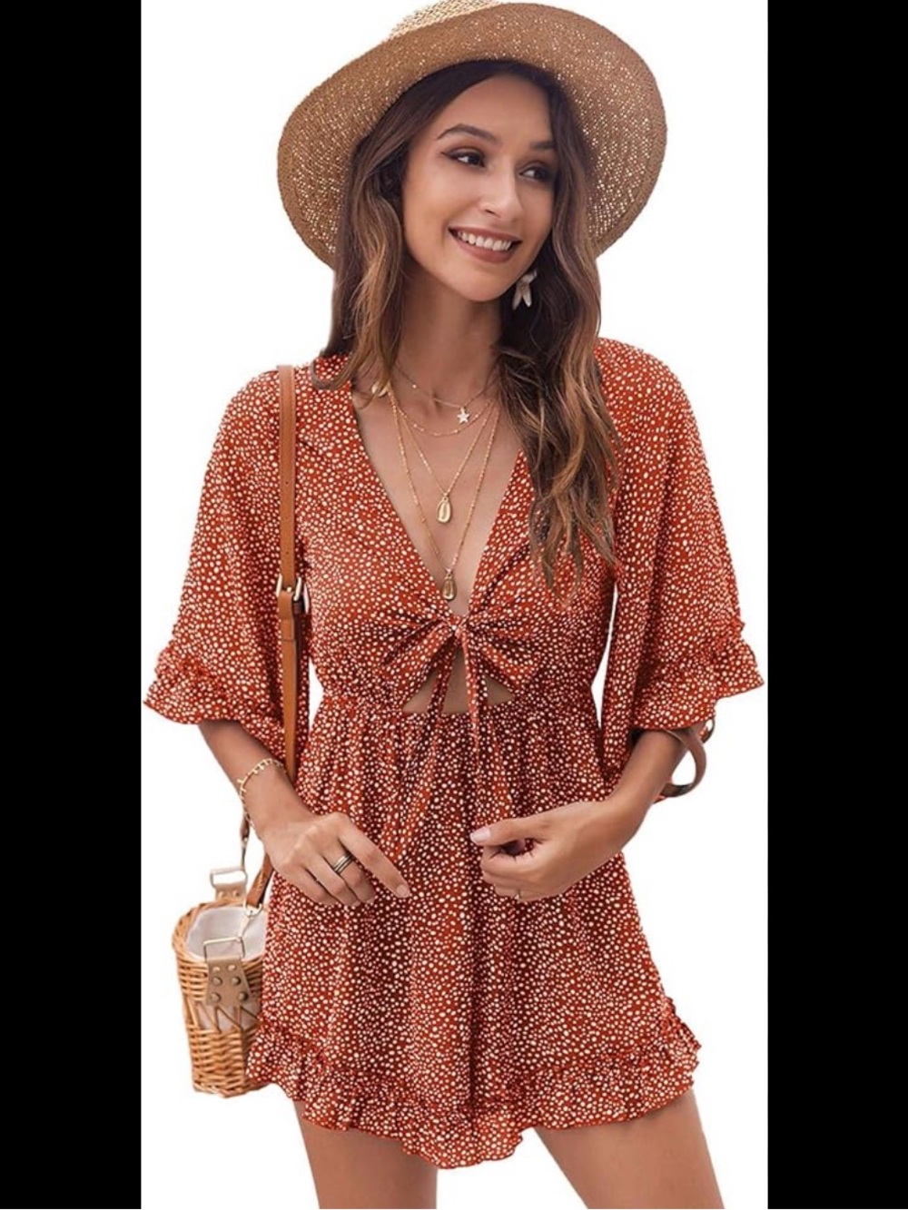Rust Polka Dot Tie-Front Romper